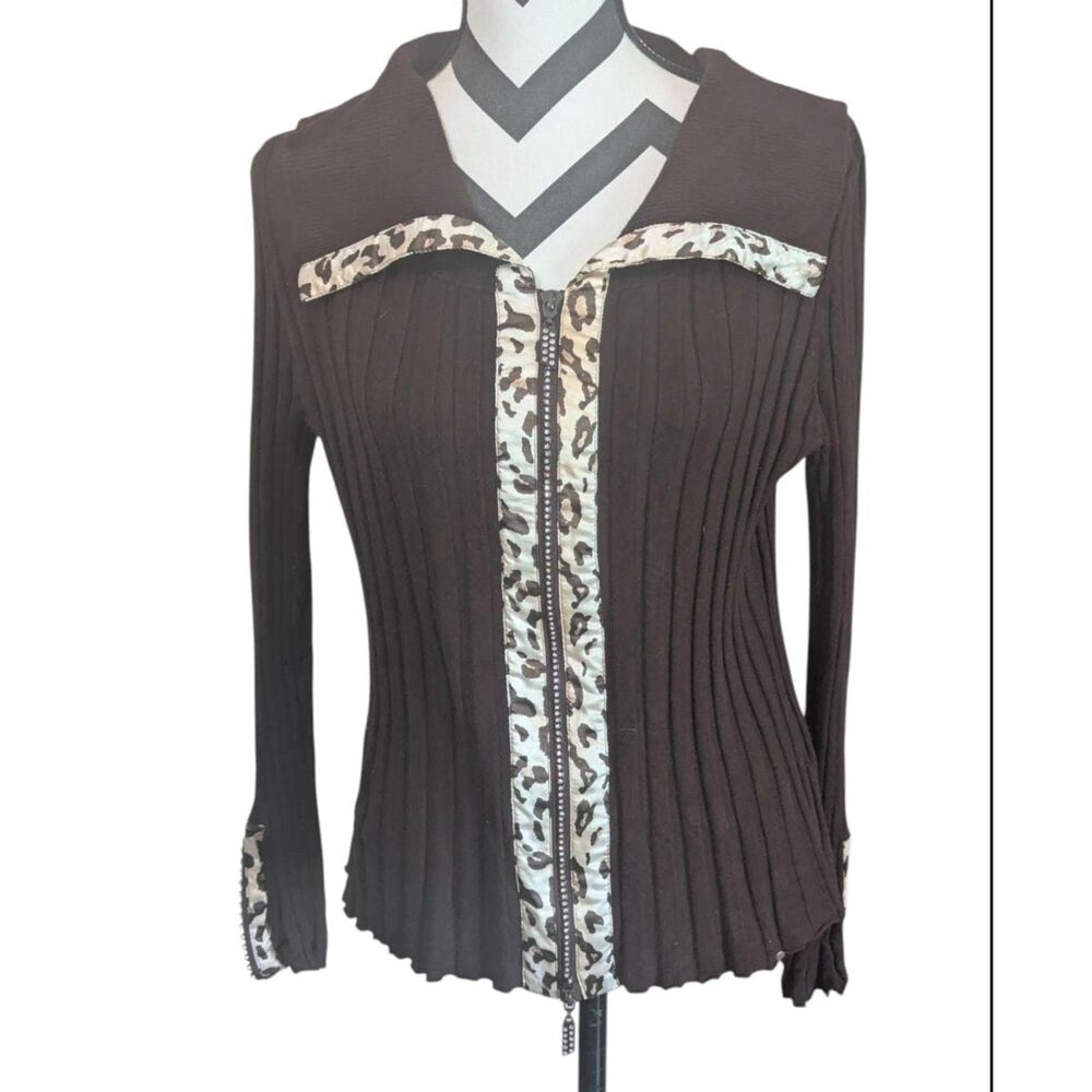 Belldini Ribbed Knit Full Zip Cardigan Sweater PX/PXL Brown Leopard Print Trim